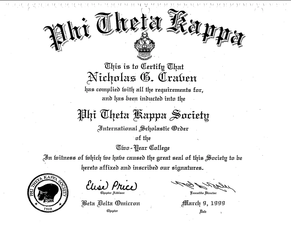 Phi Theta Kappa induction certificate
