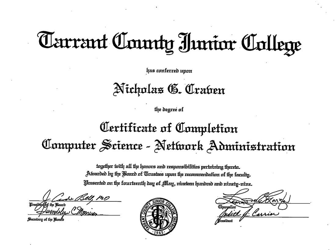 Tarrant County Junior College Certificate of Completion, Computer Science - Network Administration