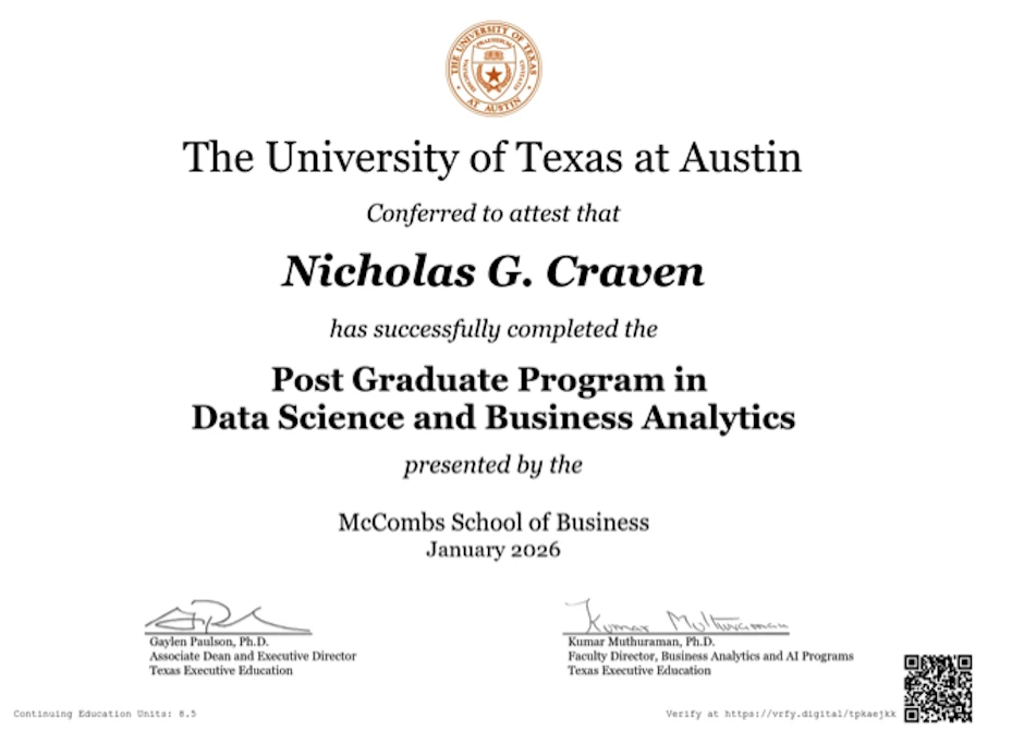 UT Austin McCombs, Post Graduate Program in Data Science & Business Analytics, January 2026