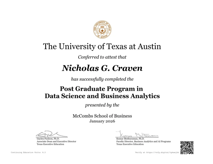 UT Austin McCombs certificate, Post Graduate Program in Data Science and Business Analytics