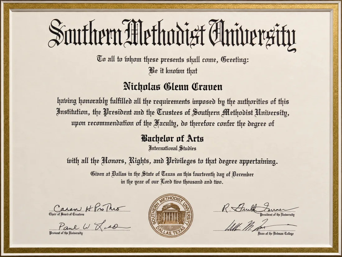 Southern Methodist University diploma, Bachelor of Arts in International Studies