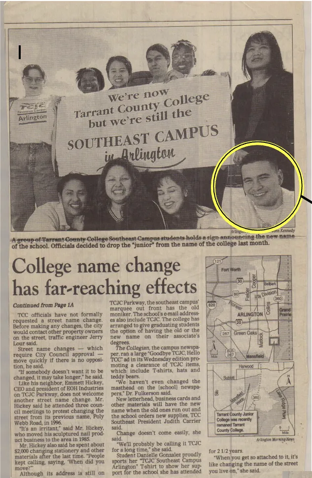Arlington Morning News clipping showing Nick with TCC Southeast Campus students