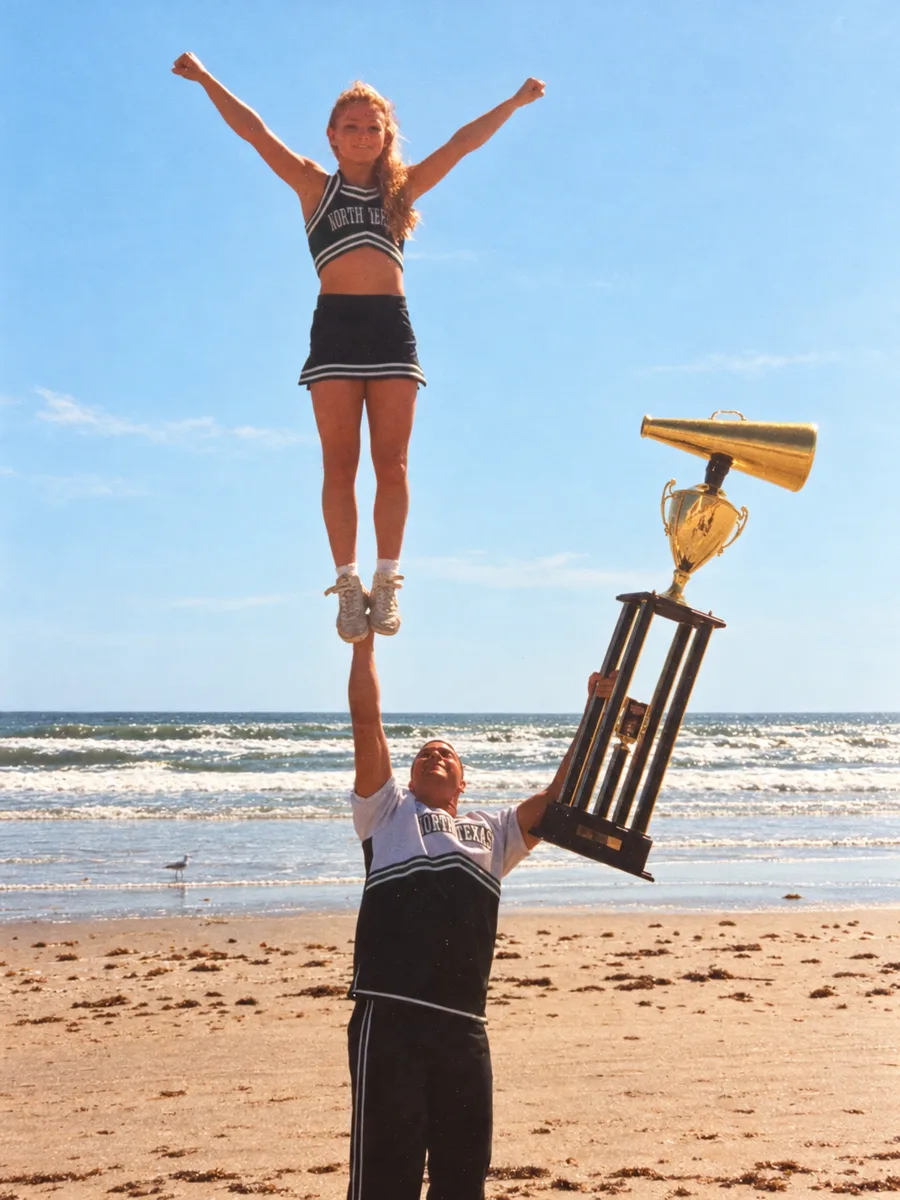 Nick on the beach holding a cheerleader overhead in one hand and the national championship trophy in the other